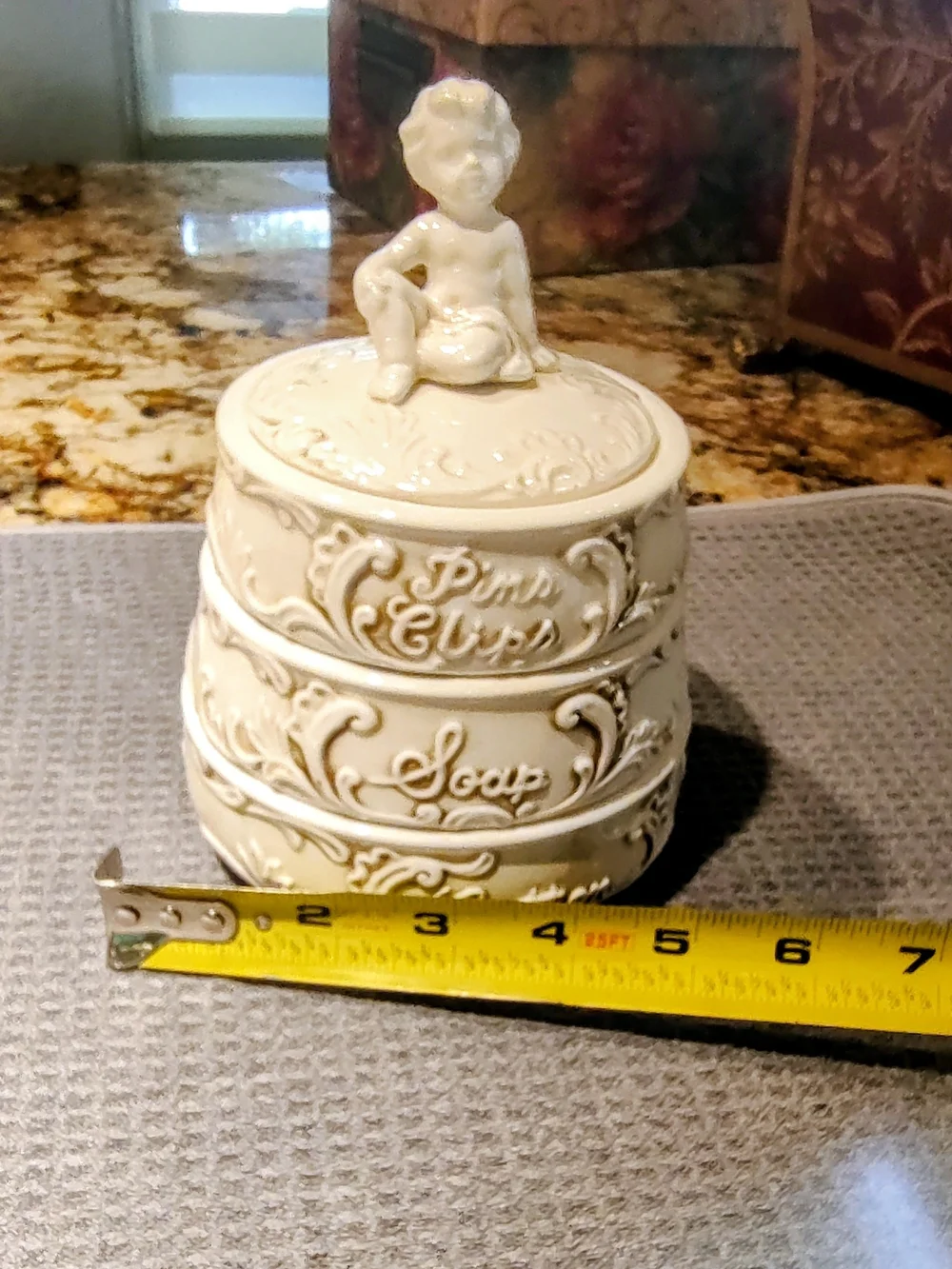 Enesco 1950's Cream Ceramic Stackable Trinket Jars with Cherub Lid